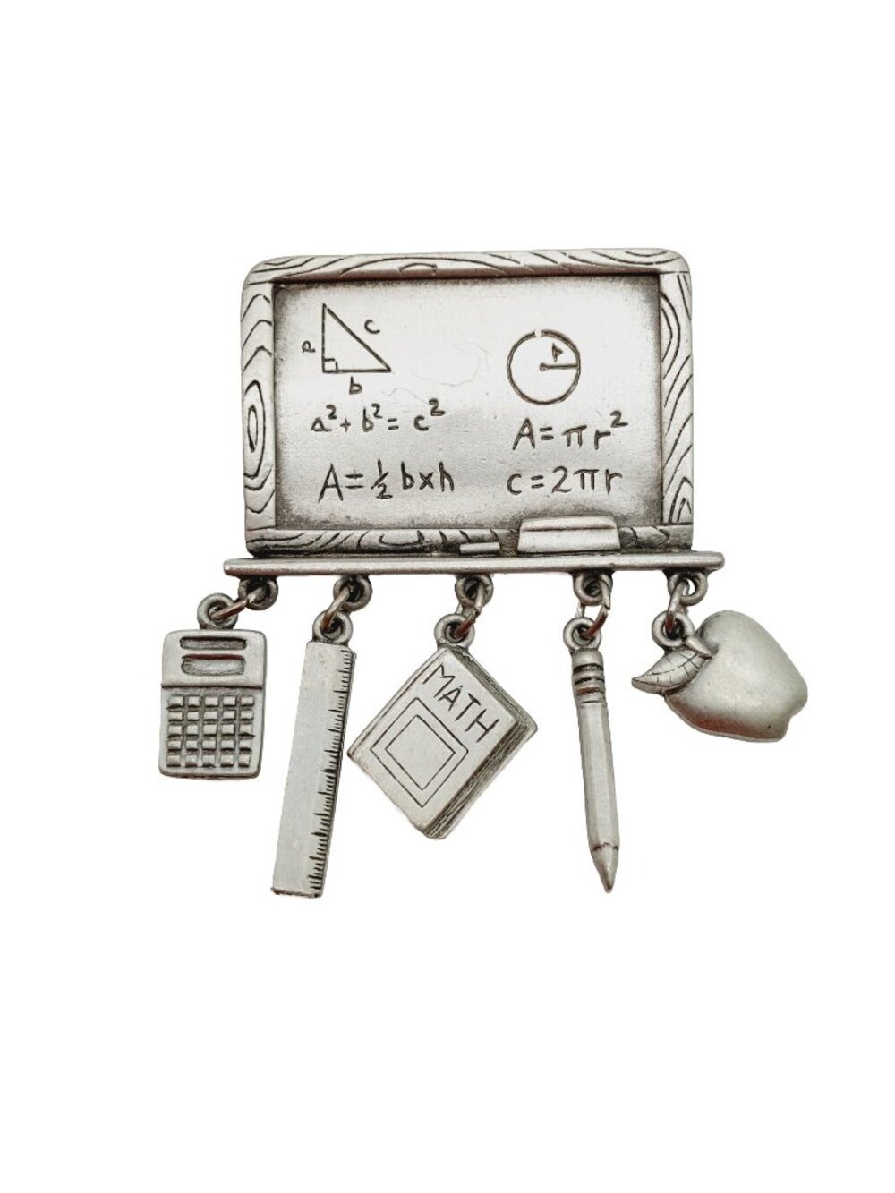 JJ Signed Math Teacher Brooch Silver Tone 1.5" Calculator Ruler Book Charms